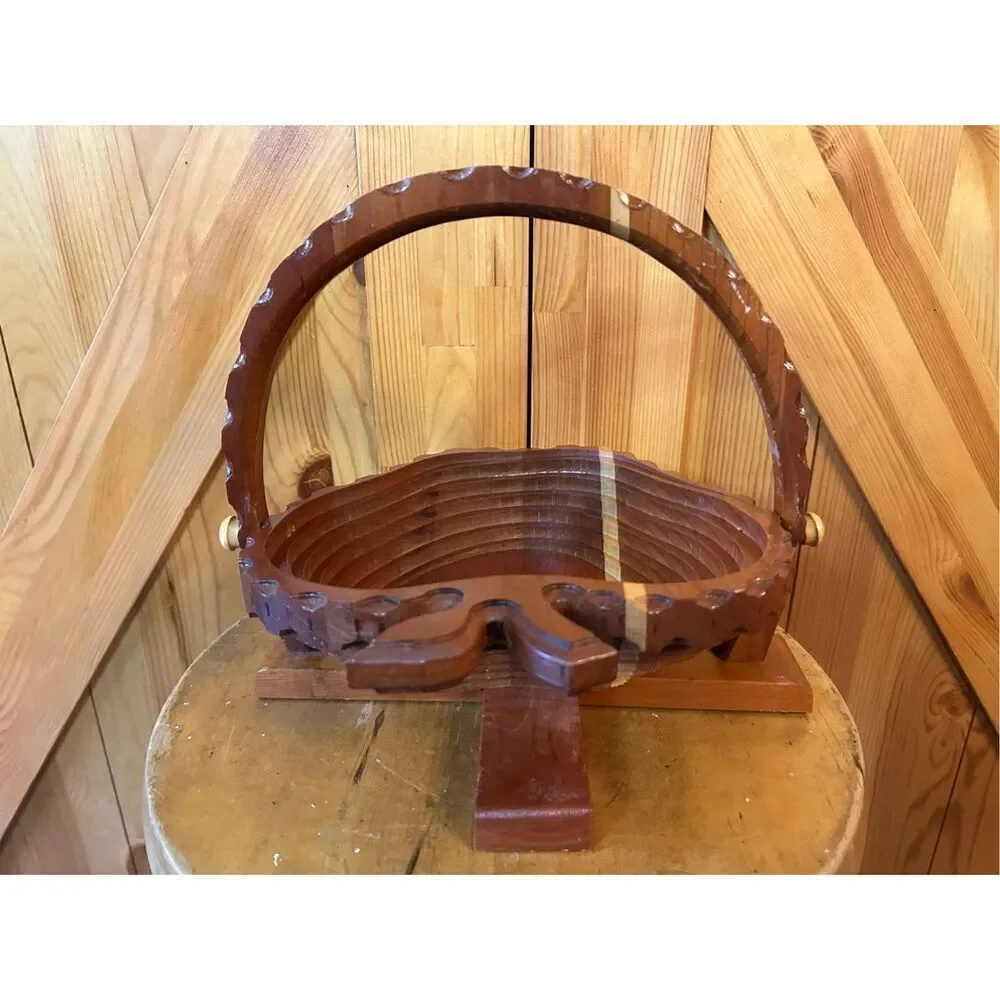 Vintage Hand Carved Wooden Collapsible Apple Basket Bowl Holder (5123)